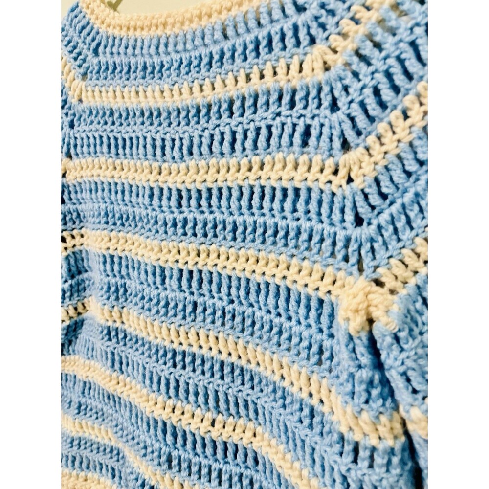 Handmade Striped knitted Crochet Sweater scoopneck Bell Sleeve M/L Blue White - Picture 3 of 4